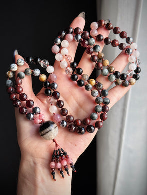 RESERVED - Persephone Mala - 8mm - Rhodochrosite, Garnet, Hematite, Eagle Eye, Poppy Jasper, Clear Quartz, Rose Quartz, Dendritic Agate, Onyx - 108 Mala Necklace - Banded Agate Focal