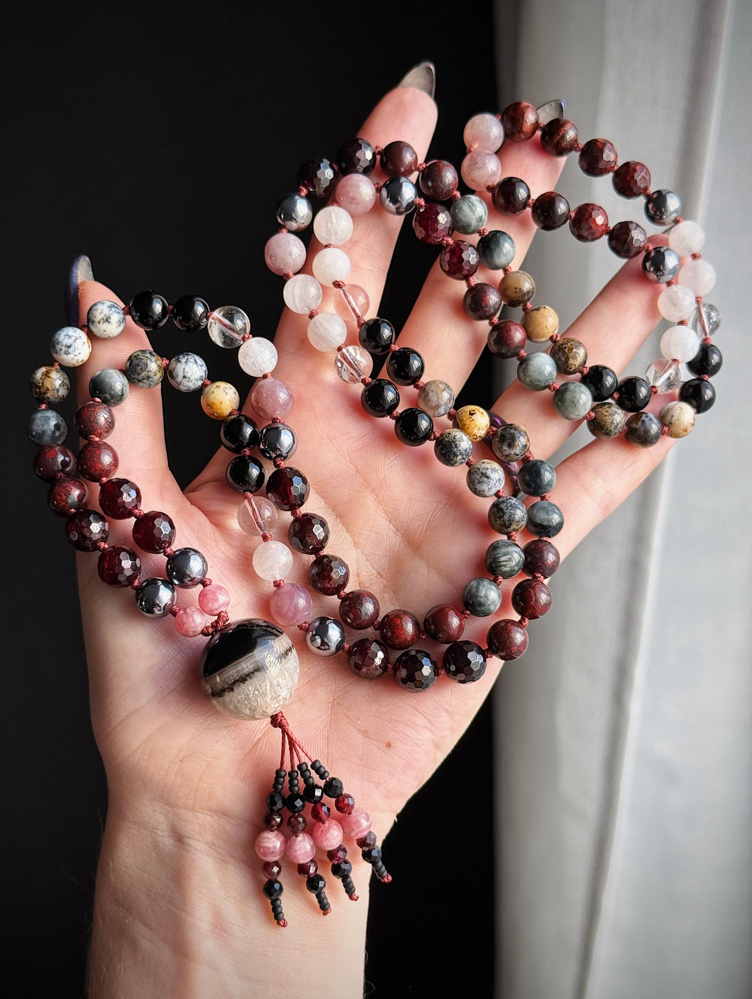 RESERVED - Persephone Mala - 8mm - Rhodochrosite, Garnet, Hematite, Eagle Eye, Poppy Jasper, Clear Quartz, Rose Quartz, Dendritic Agate, Onyx - 108 Mala Necklace - Banded Agate Focal