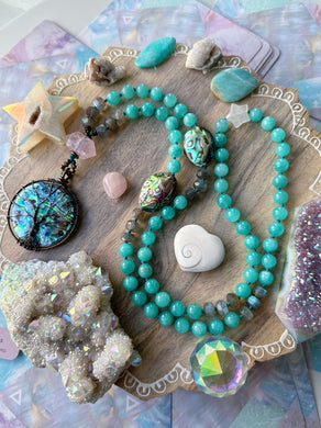 Tropical Waves - Abalone Shell + Rose Quartz + Quartz Star + Amazonite + Labradorite - Knotted Necklace