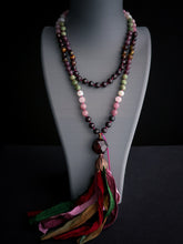 Load image into Gallery viewer, Root &amp; Bloom - Garnet Focal - 108 Mala Necklace- Garnet, Rose Quartz, Moonstone, Green Apatite, Lepidolite, Tigers Eye - Sari Silk Tassel