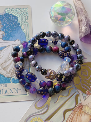 Midnight Whiskers (3) Bracelet Stack - 8mm Opalite, Galaxy Jade, Galaxy Tigers Eye, Mystic Purple Agate, Czech Glass Cat & Moon Star Beads