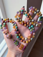 Load image into Gallery viewer, Autumn Abundance - 8mm Lepidolite, Green Apatite, Tigers Eye, Citrine, Rhodonite, Red Creek Jasper, Dalmatian Jasper - 108 Mala Necklace - Amethyst Focal - Gemstone Beaded Tassel