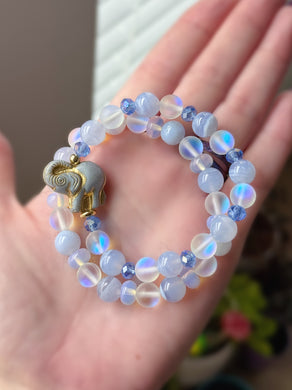Frozen Twilight - (2) Bracelet Set  -  Blue Lace Agate, Opalite, Mermaid Glass, Blue Crystal, Elephant Charm