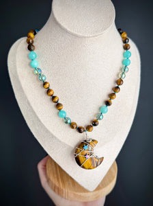 Tiger Moon - 16” Choker  - 8mm - Tigers Eye, Amazonite, Aura Quartz - Tigers Eye Moon Focal