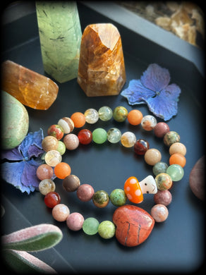 Cottage Witch - SET of Two - Red Jasper Heart & Mushroom - 8mm Stretch Bracelets