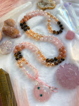 Load image into Gallery viewer, The Solar Witch  - 8mm - Rose Quartz, Aura Rose Quartz, Aura Quartz, Aura Citrine, Tigers Eye, Peach Moonstone - 108 Mala Necklace - Rose Quartz Moon Focal (green stars)