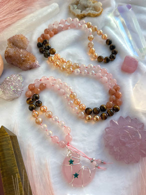 The Solar Witch  - 8mm - Rose Quartz, Aura Rose Quartz, Aura Quartz, Aura Citrine, Tigers Eye, Peach Moonstone - 108 Mala Necklace - Rose Quartz Moon Focal (green stars)