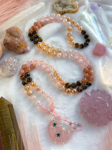 The Solar Witch  - 8mm - Rose Quartz, Aura Rose Quartz, Aura Quartz, Aura Citrine, Tigers Eye, Peach Moonstone - 108 Mala Necklace - Rose Quartz Moon Focal (green stars)