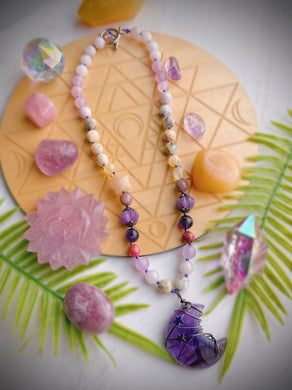 Lunar Amethyst 18” Necklace - Rose Quartz, Jade, Yellow Opal, Calcite, Amethyst, Rhodonite - Amethyst Moon Pendant