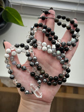 Load image into Gallery viewer, Shadow of Selene - 8mm - Labradorite, Selenite, Quartz, Gold Sheen Obsidian, Terahertz, Howlite, Snowflake Obsidian 108 Mala Necklace - Quartz Focal