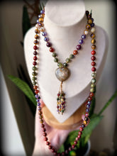 Load image into Gallery viewer, Magic of Autumn -8mm Green Lepidolite, Hessonite Garnet, Mystic Amethyst, Mystic Mookaite, Mystic Tigers Eye, Epidote, Apple Jasper - Sunstone Heart Focal - 108 Mala Bead Necklace