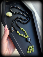 Load image into Gallery viewer, Heart of Light &amp; Strength - 72 Onyx Bead + Peridot Nugget - Obsidian Heart Pendant - Peridot Tassel