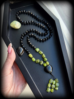 Heart of Light & Strength - 72 Onyx Bead + Peridot Nugget - Obsidian Heart Pendant - Peridot Tassel
