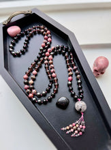 Load image into Gallery viewer, *RESERVED ** Quiet Strength - Rhodonite + Onyx + Smoky Obsidian + Hematite - 108 Mala Necklace - Tourmaline Quartz Focal