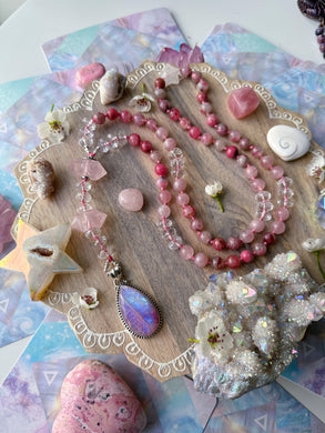 Falling Blossoms  - Pink Moonstone + Rose Quartz + Quartz Star - 925 Sterling Silver - Knotted Lariat Necklace