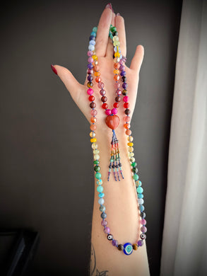 RESERVED - Rainbow Watcher 🧿 - 8mm - Rainbow Gemstone 108 Mala Necklace - Red Jasper Focal - Rainbow Beaded Tassel