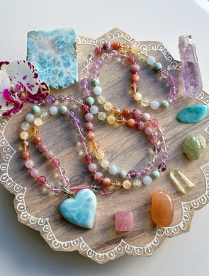 Rainbow Sea - Larimar Heart + 8mm Rainbow Gemstone Mala Necklace 108