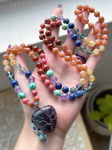 Rainbow of Hope - Sunstone, Hessonite Garnet, Lapis Lazuli, Peruvian Turquoise, Brazilian Rhodonite, AAA Fluorite, Lavender Amethyst, Golden Rutile Quartz - Rainbow Fluorite Focal - 108 Mala Bead Necklace