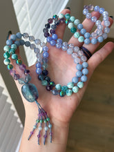 Load image into Gallery viewer, Angel Wings - 8mm - Aura Quartz, Rainbow Fluorite, Angelite, Blue Chalcedony, Agate - 108 Mala Necklace - Rainbow Fluorite Focal