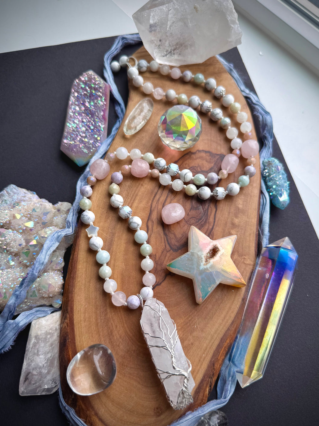 Frosted Wishes - 72 Bead Mala Necklace (26”) - 8mm Rose Quartz, Aquamarine, Moonstone, Howlite, Mother of Pearl Star, Amazonite, Purple Jasper + Tree of Life Quartz Focal