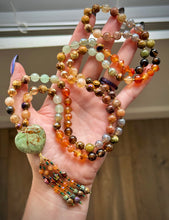 Load image into Gallery viewer, 🏮 Festival of Light - 8mm - Carnelian, Mystic Tigers Eye, Citrine, Phantom Quartz, Aventurine - 108 Mala Necklace - Green Opal Focal - Gemstone Beaded Tassel