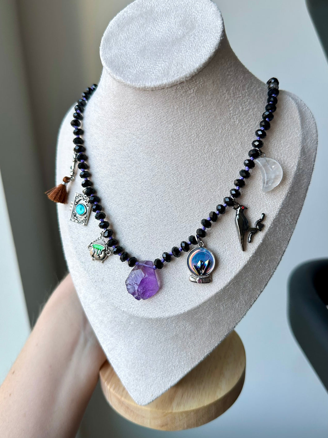 Come! We Fly! - 20” Necklace - 6mm Faceted Black Tourmaline + Witchy Charms