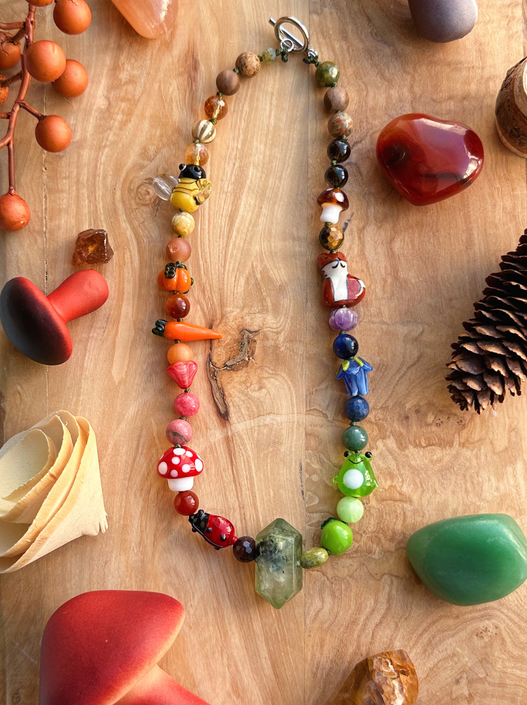 Circle of Life - 16” Choker - 8mm Gemstone Rainbow + Lampwork Glass - Prehnite Pendant