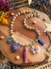 Load image into Gallery viewer, Daydreamer - 16” Necklace Green Banded Calcite - Gemstone Carved Charms + 14k Gold Plated Accents