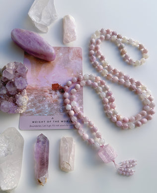 Encircled in Love - Kunzite + Rainbow Moonstone + Gem Kunzite Focal + Kunzite Tassel - 108 Mala Bead Necklace