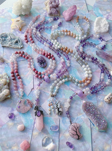 Moonstruck - Rhodonite + Mystic Rose Quartz + Rose Quartz - 108 Mala Necklace - Rose Quartz Moon