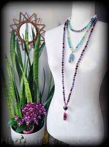 Midnight Hydrangeas - (Hope + Gratitude + Spiritual Growth) - 8mm: Velvet Fluorite + Amethyst + Brazilian Garnet + Brazilian Rhodonite - 108 Mala Necklace Amethyst Focal + Rhodonite Tassel