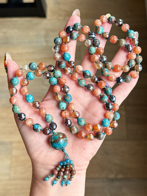 Creativity & Growth - Sunstone, Toffee Agate, Howlite - 108 Mala 40” Necklace - Chrysocolla Focal