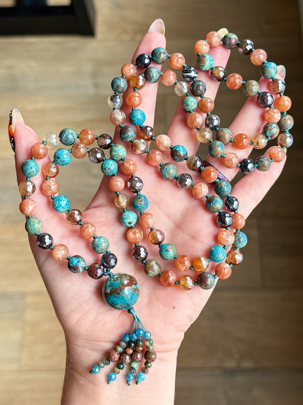 Creativity & Growth - Sunstone, Toffee Agate, Howlite - 108 Mala 40” Necklace - Chrysocolla Focal