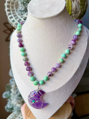Wish upon a Star - 16” Choker - Aqua Agate & Lepidolite in Quartz - Amethyst Moon Pendant