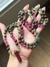 Load image into Gallery viewer, Clarity &amp; Transformation - Prehnite, Dragonsblood Jasper, Purple Fluorite, Poppy Jasper - 108 Mala 40” Necklace - Mookaite Jasper Point