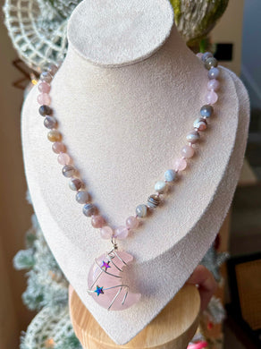 Moon’s Lullaby - 16” Choker - Botswana Agate & Rose Quartz  - Rose Quartz Moon Pendant