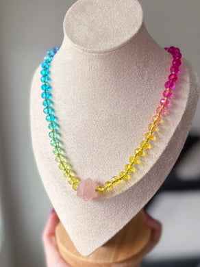 Electric Aura - 18” Necklace - Ombre Crystal Rainbow + Rose Quartz Pendant