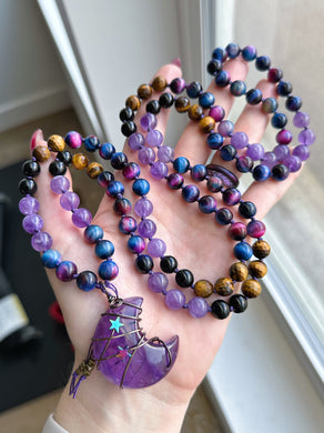 Mystic Goddess - Galaxy Tigers Eye, Lavender Amethyst, Tigers Eye, Onyx + Amethyst Crescent Moon - 108 Mala Necklace