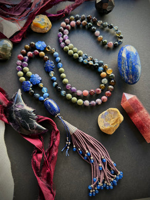 Queen of the Eye - 8mm - Lapis Lazuli Flowers, Rainbow Tourmaline, Chevron Amethyst, Lapis Lazuli, - 108 Mala Necklace - Lapis Lazuli Focal + Purple Tassel