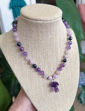 Cosmic Witch - 16” Choker - 8mm Mystic Onyx + Kunzite + Mystic Pink Healer + Mystic Amethyst + Amethyst - Amethyst Mushroom Pendant