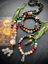 Load image into Gallery viewer, Freyja Meditation Beads - 108 Necklace - Citrine, Moonstone, Carnelian, Garnet, Strawberry Quartz, Rose Quartz, Malachite, Tigers Eye, Clear Quartz - Quartz Focal