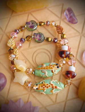 Starfall Creek Bracelet - Lampwork Glass Salamander, Rainbow Ammonite, Aventurine Star, Mushroom, Faceted Crystals & Leaves 7” Stretch