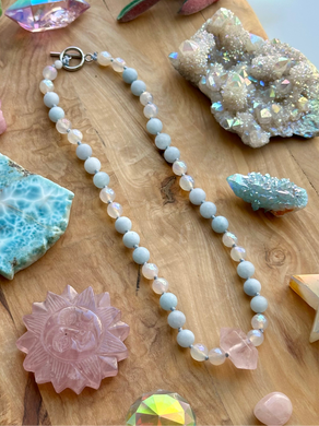 Cotton Candy Skies - 16” Choker - Aquamarine + Mystic Agate - Rose Quartz Pendant
