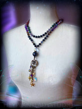 Load image into Gallery viewer, Woodland Fairy Necklace - Mystic Merlinite, Moss Agate, Hessonite Garnet, Iolite, Aura Quartz, Chevron Amethyst, Mystic Agate, Obsidian - Mystic Merlinite Focal + Vintage Brass + Swarovski Charms