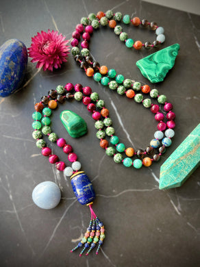 Tigerlily - 8mm Tree Agate, Tigers Eye, Fire Agate, Jade, Smoky Obsidian - 108 Mala 40” Necklace - Lapis Lazuli Focal