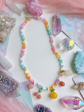 Paradise Breeze - 17” Necklace - 6mm Rainbow Selenite + Agate Fruit