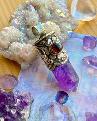 67mm Garnet + Amethyst Point - Tibetan Brass
