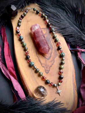 Yule Star - 17” Necklace 8mm Garnet, Dragons blood Jasper, Pyrite, Czech Glass + 925 Sterling Silver Star Focal