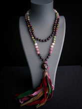 Load image into Gallery viewer, Root &amp; Bloom - Garnet Focal - 108 Mala Necklace- Garnet, Rose Quartz, Moonstone, Green Apatite, Lepidolite, Tigers Eye - Sari Silk Tassel