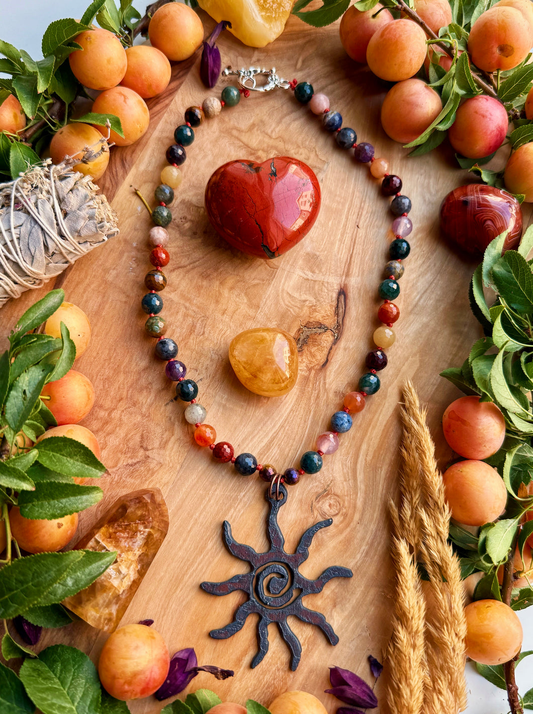 🌞 Ancestral Sun - 16” Choker  - 8mm Faceted Earthy Gemstone Mix - Iron Spiral Sun Pendant (62mm)